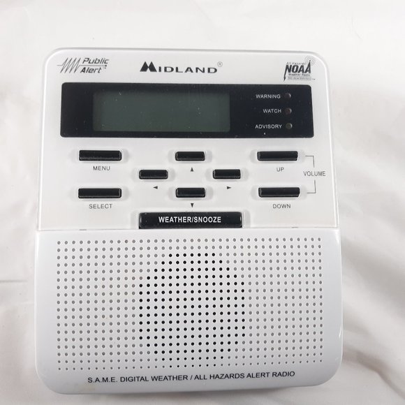 Midland White WR100 NOAA Emergency Weather Alert Radio Alarm Clock No Cord